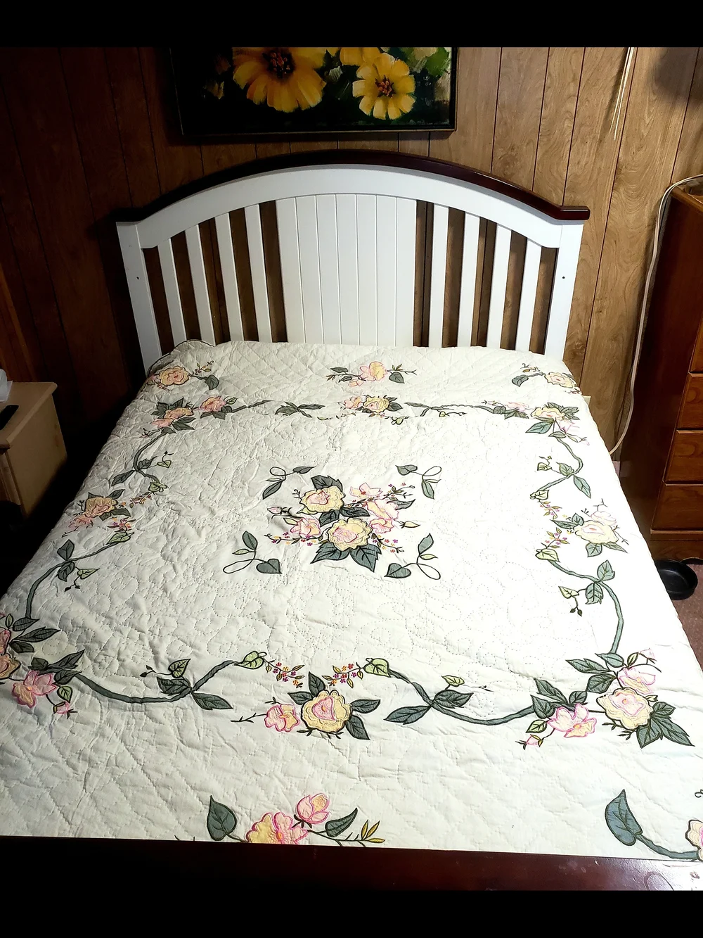 Vintage Limited Edition Quilted Bedspread with Pink and Green Floral Embroidery